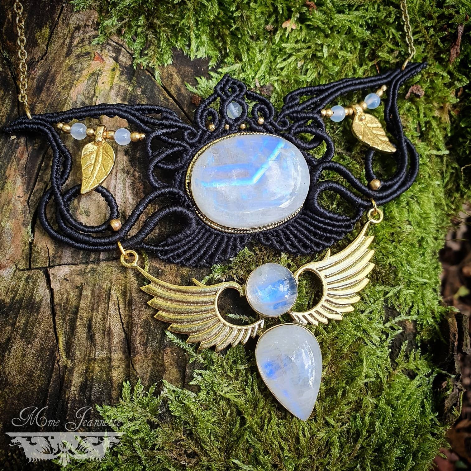 Collier Plastron Micro-macramé et Péristérite - Collier Bohème, collier ailes, déesse, tribal, ethnique