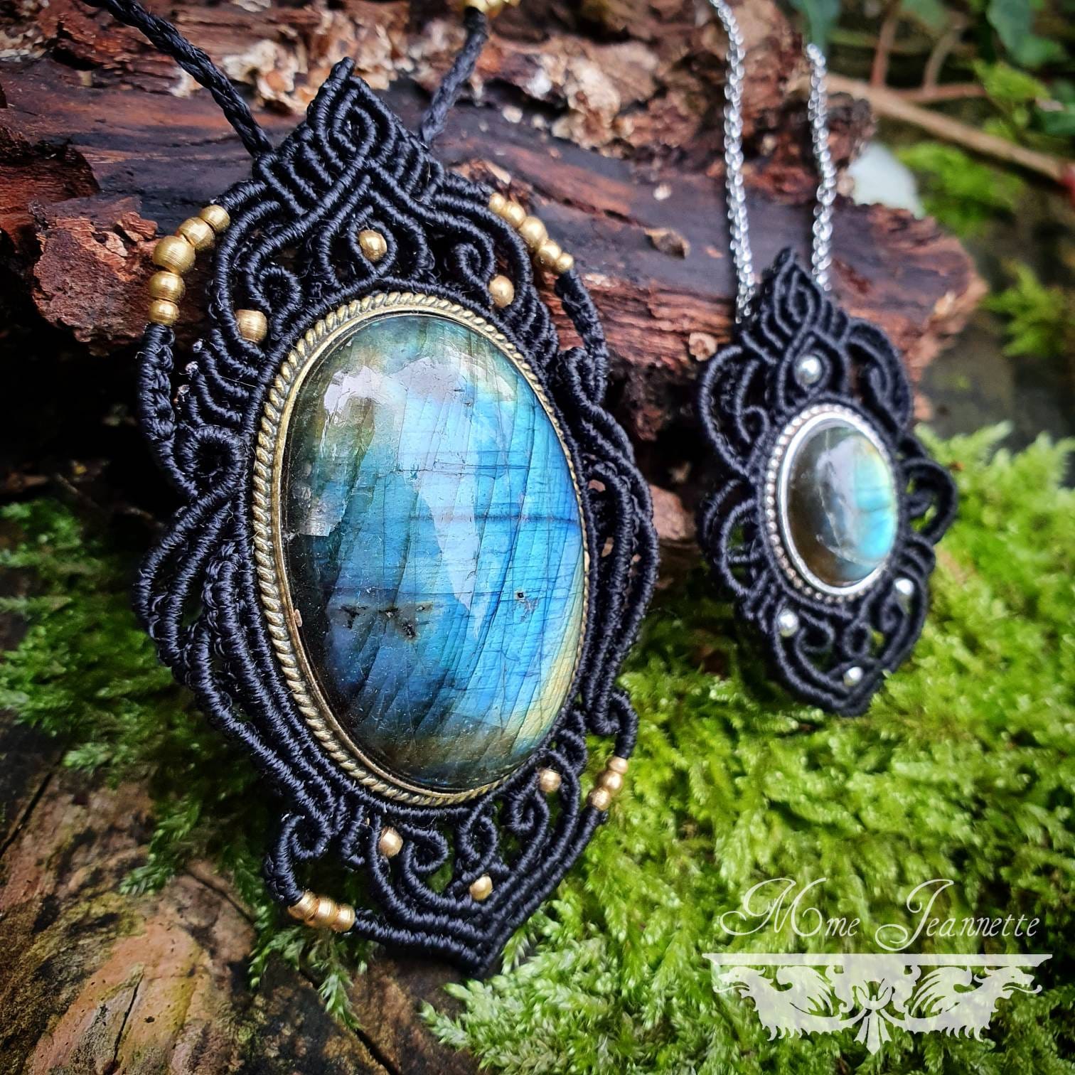 Pendentifs Labradorite et Micro-macramé noir - Bohème, boho chic, hippie, lithothérapie, tribal, wicca, pierre protectrice