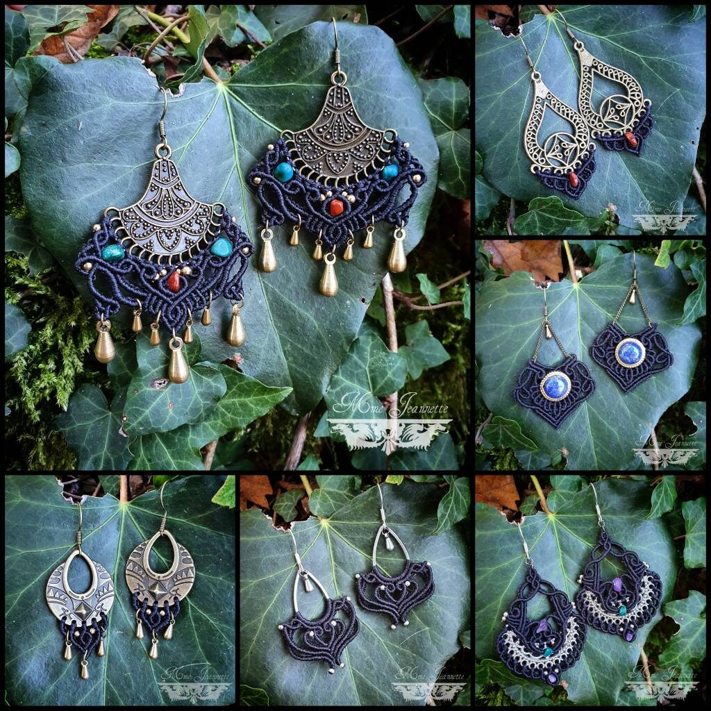 Boucles d'oreilles Micro-macramé noir - Lapis-lazuli, Améthyste, Jaspe Rouge, Chrysocolle - Boucles d'oreilles Bohème avec pierres