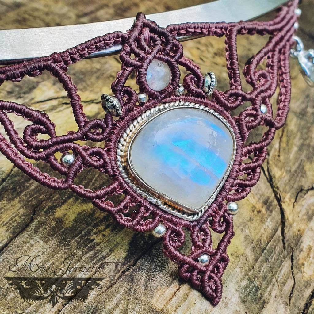 Colliers Torques Argenté, Plastron Micro-macramé avec Améthyste & Péristérite - Collier Féerique, psytrance, fusion, Bohème