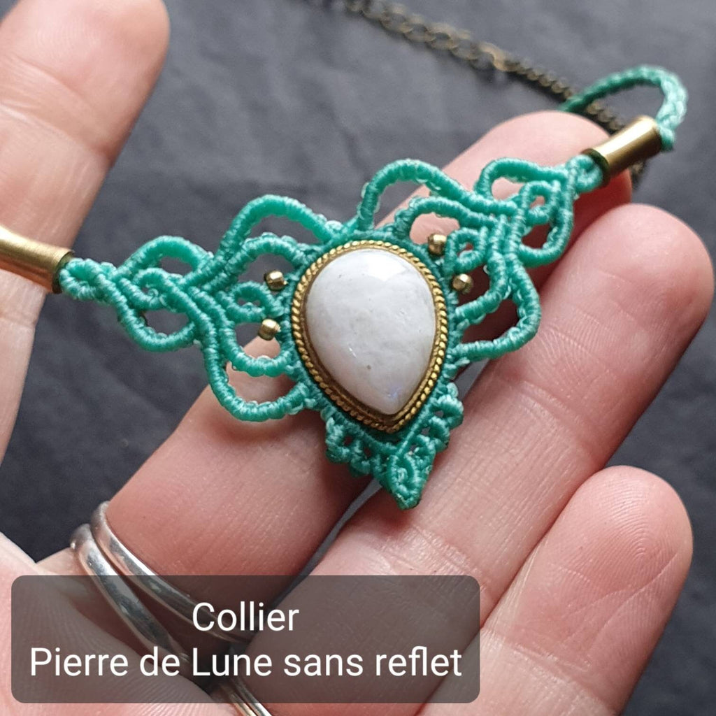Bijoux Micro-Macramé bleu marine, Pierre de Lune et Agate