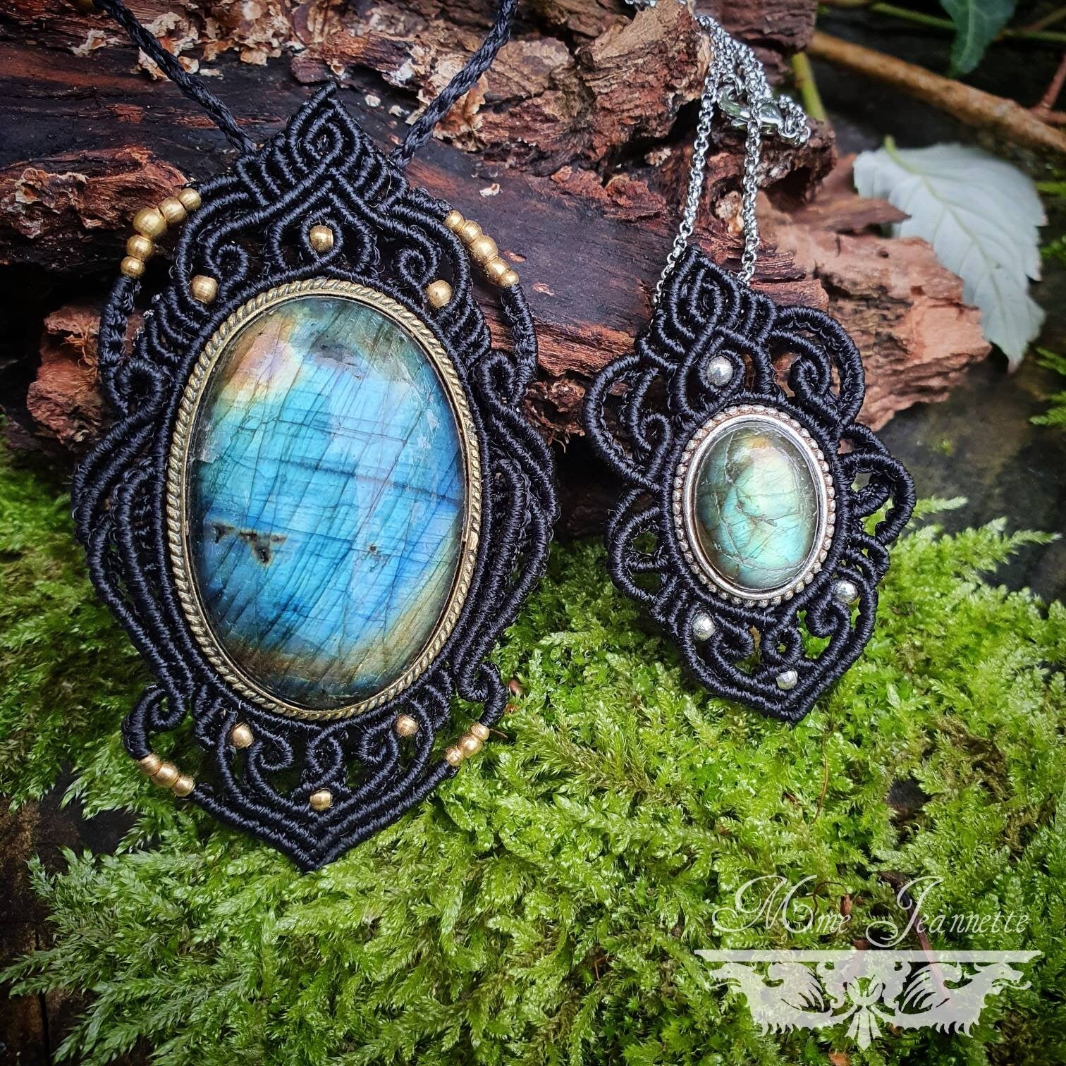 Pendentifs Labradorite et Micro-macramé noir - Bohème, boho chic, hippie, lithothérapie, tribal, wicca, pierre protectrice