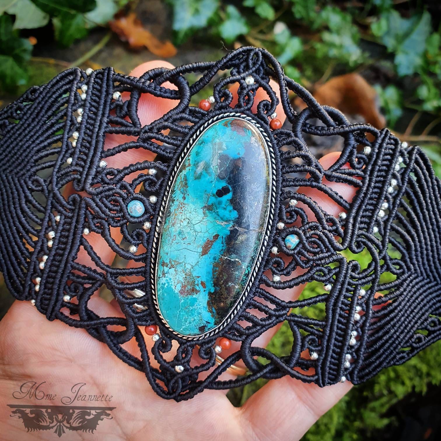 Bracelet Manchette Chrysocolle & Micro-macramé - Bohème, boho chic, tribal, ethnique, elfique, féerique, neo tribal, psytrance