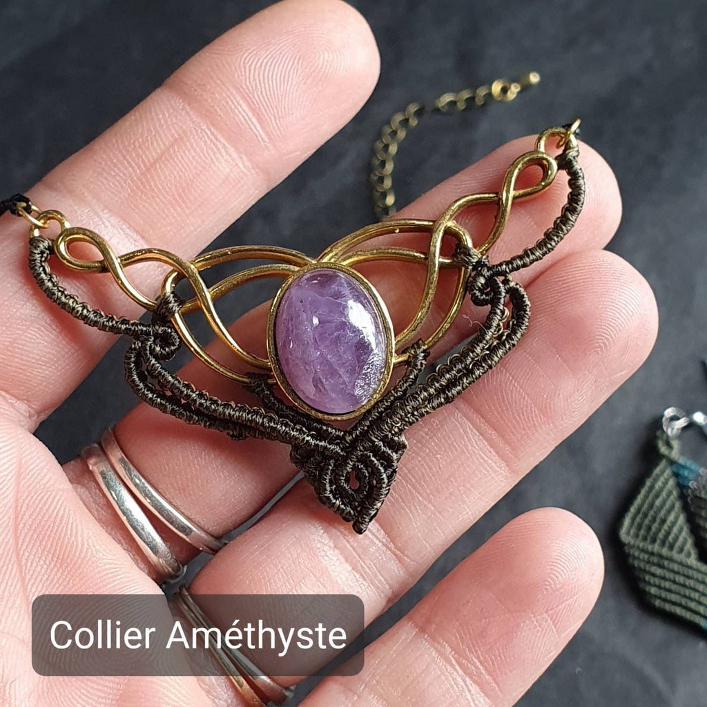 Bijoux Micro-Macramé Kaki et Améthyste