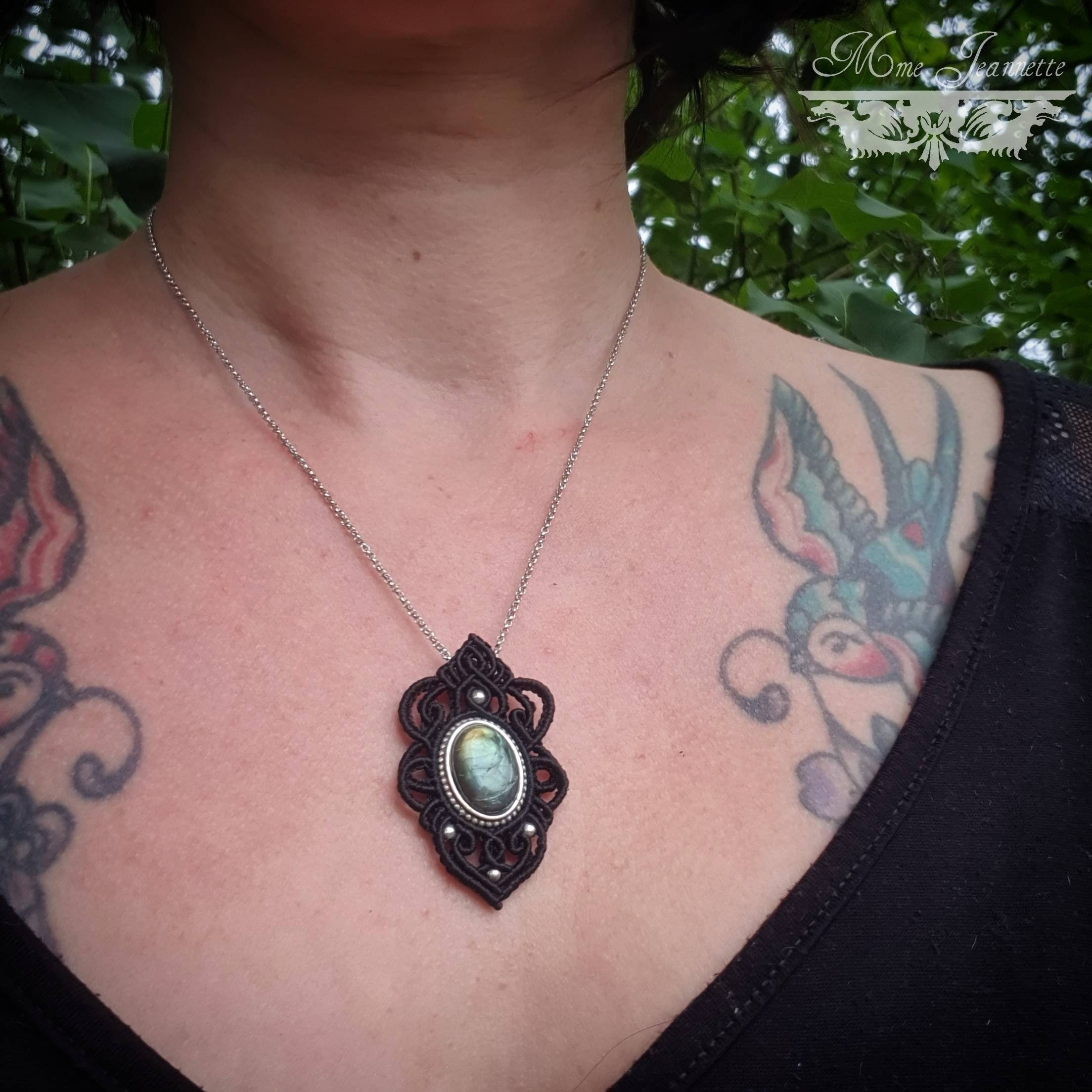 Pendentifs Labradorite et Micro-macramé noir - Bohème, boho chic, hippie, lithothérapie, tribal, wicca, pierre protectrice