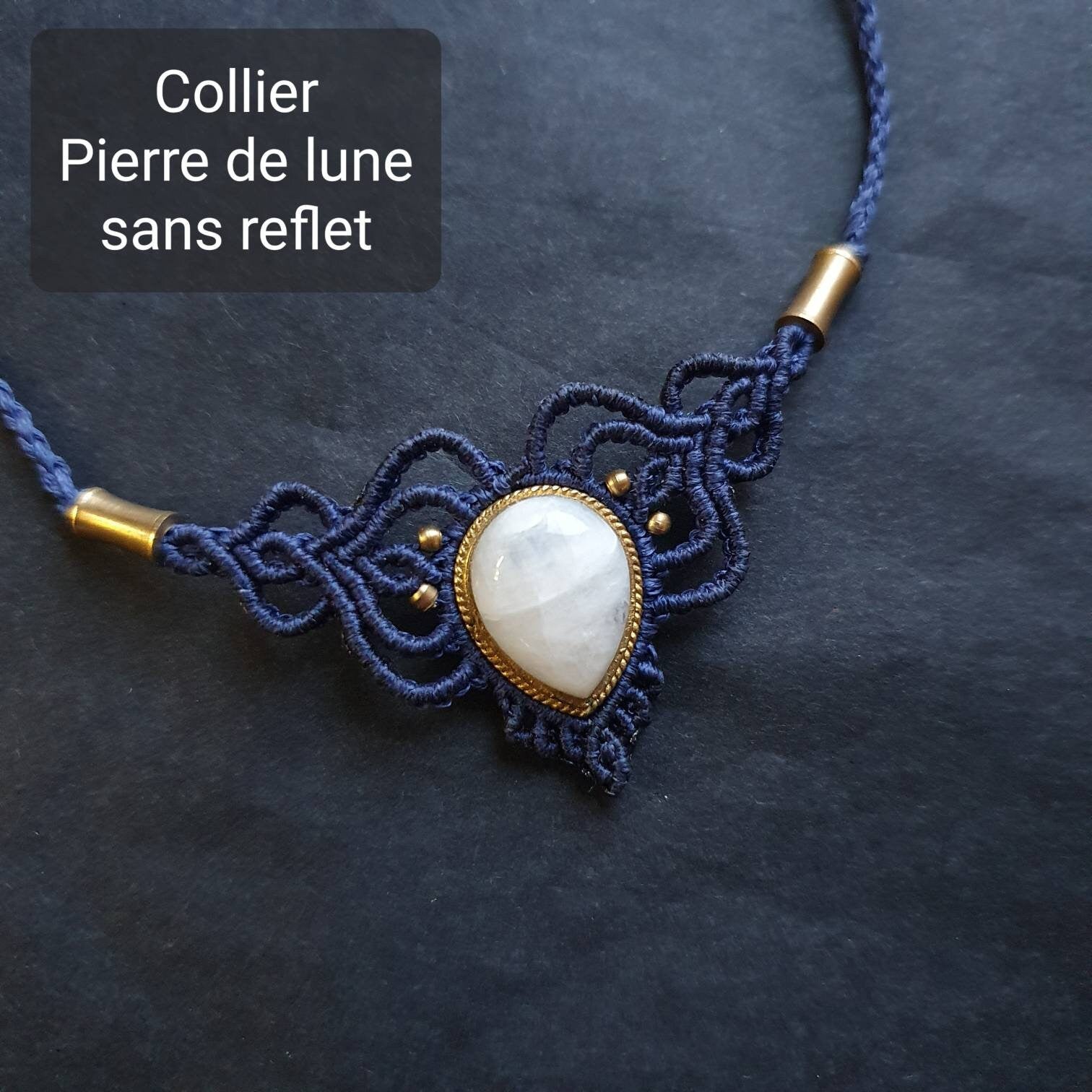 Bijoux Micro-Macramé bleu marine, Pierre de Lune et Agate