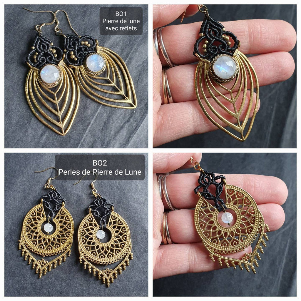 Bijoux Micro-Macramé bleu marine, Pierre de Lune et Agate