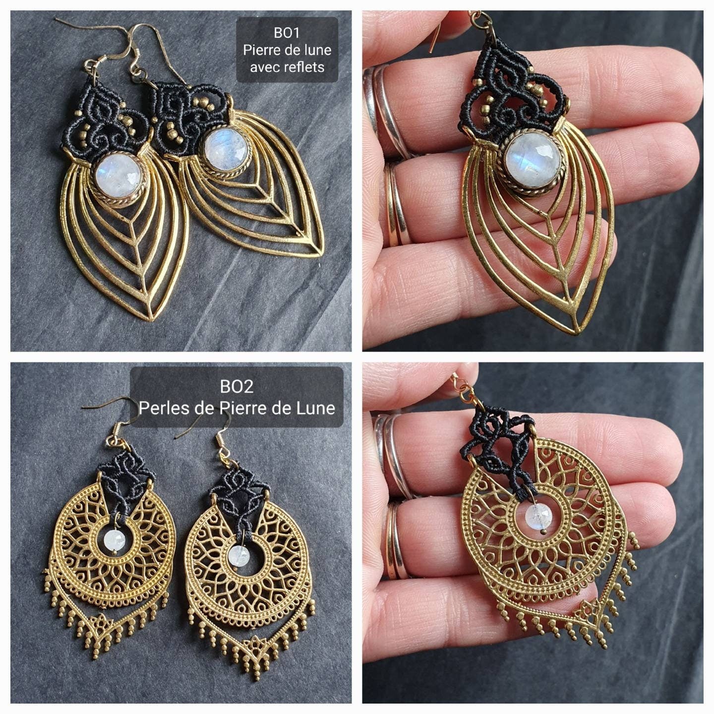 Bijoux Micro-Macramé bleu marine, Pierre de Lune et Agate