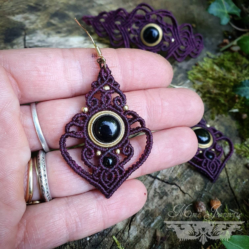 Bracelet et Boucles d'oreilles Onyx noir et Micro-macramé - Couleur Cerise noire - Bijoux Bohème, baroque, e-girl