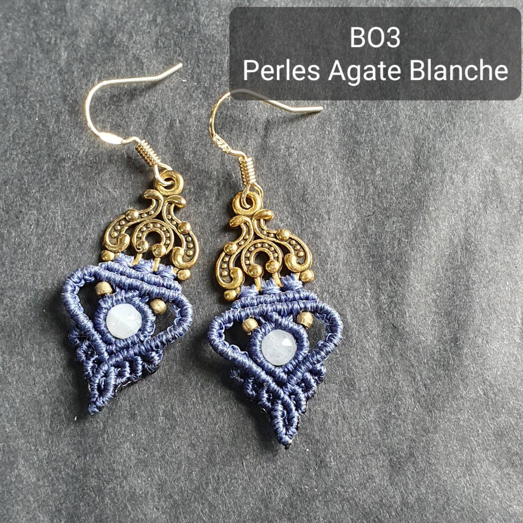 Bijoux Micro-Macramé bleu marine, Pierre de Lune et Agate