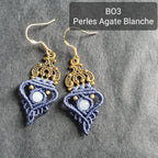 Bijoux Micro-Macramé bleu marine, Pierre de Lune et Agate