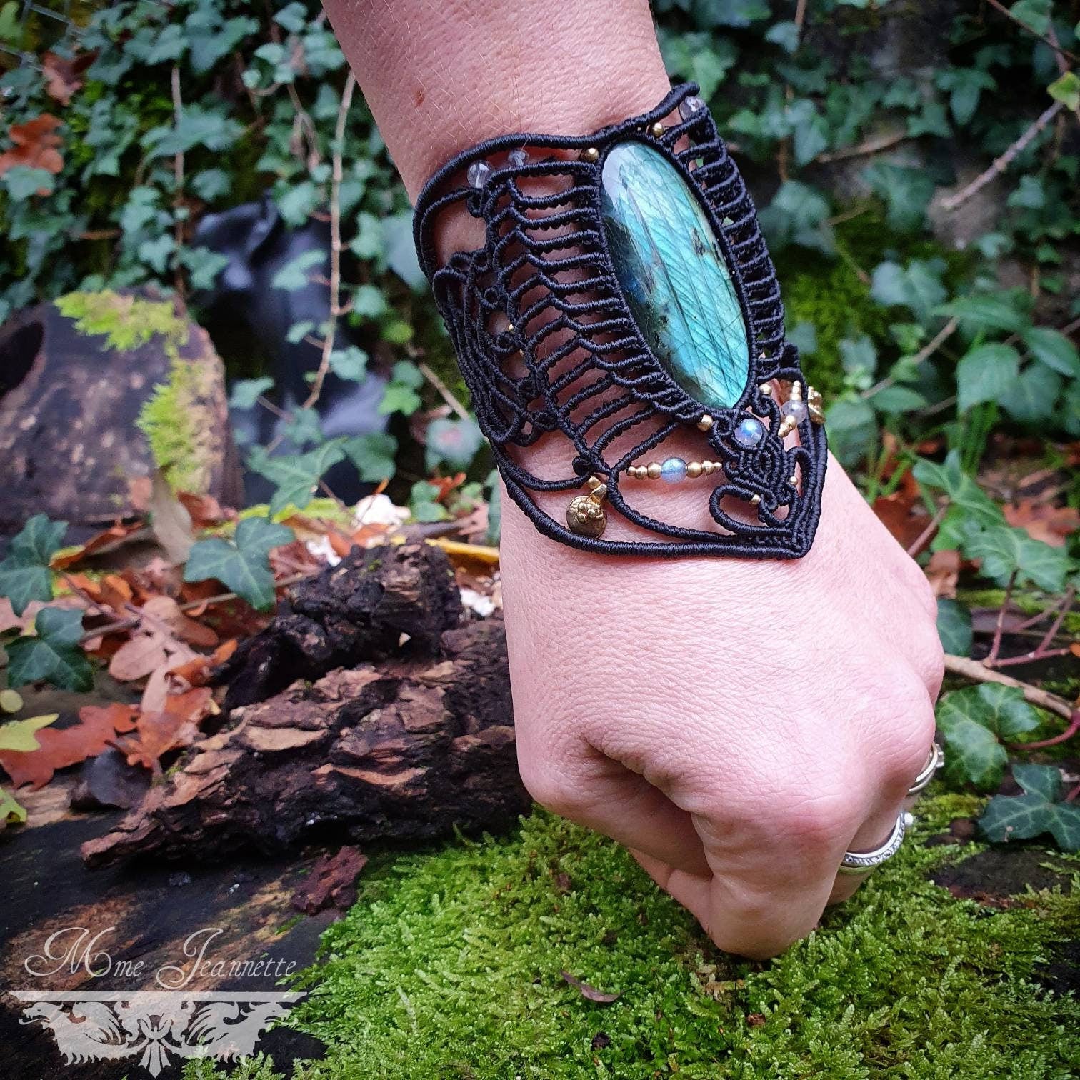 Superbe Bracelet Manchette Labradorite bleue - Micro-macramé Féerique, elfique, Bohème, boho chic, psytrance ,fusion