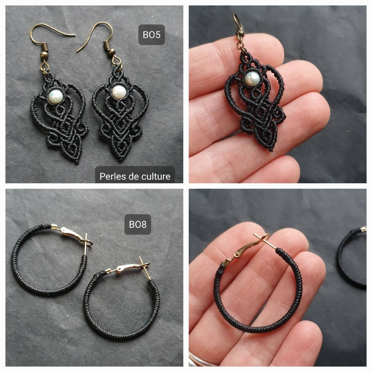Boucles d'oreilles Micro-macramé noir