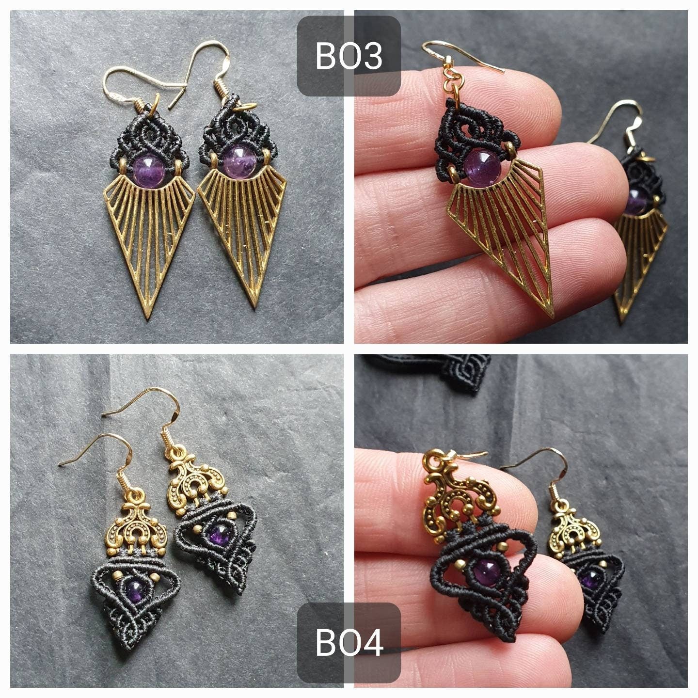 Bijoux Micro-Macramé noir et Améthyste