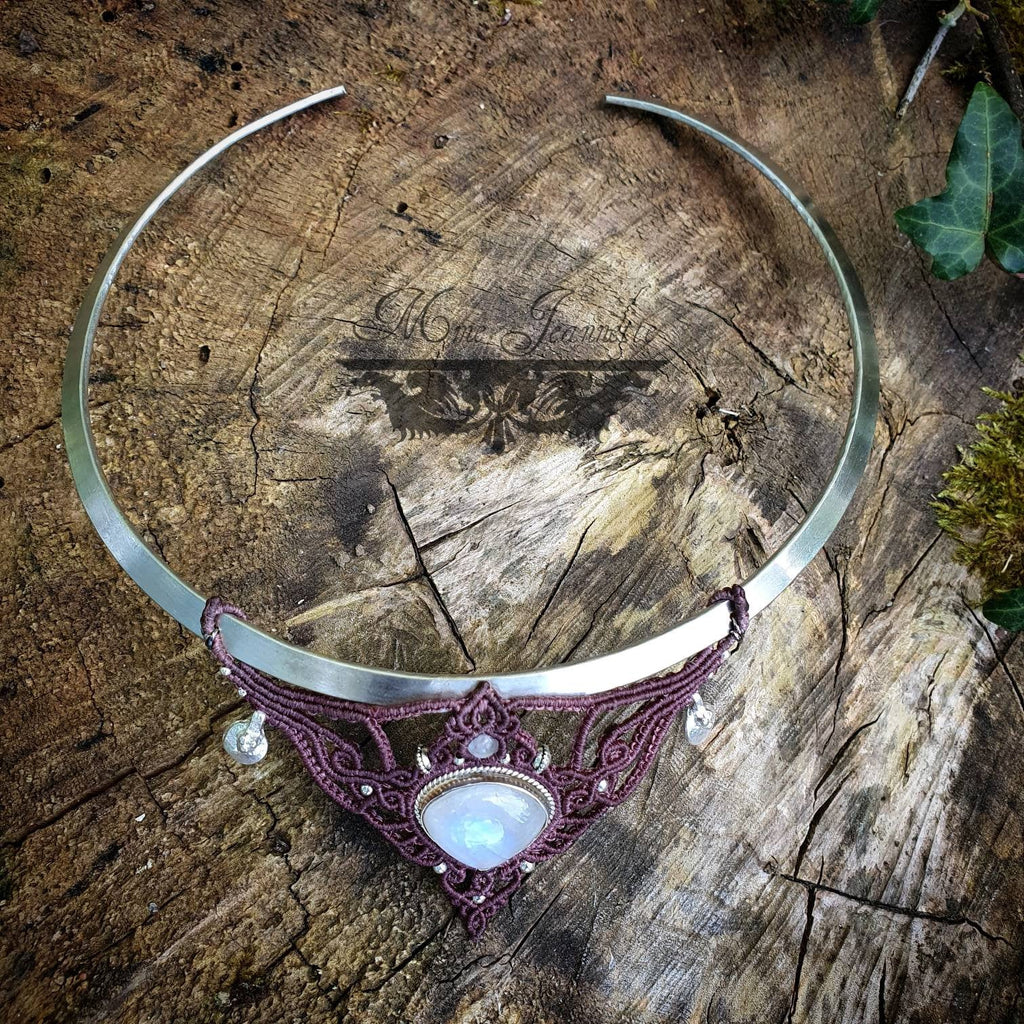 Colliers Torques Argenté, Plastron Micro-macramé avec Améthyste & Péristérite - Collier Féerique, psytrance, fusion, Bohème