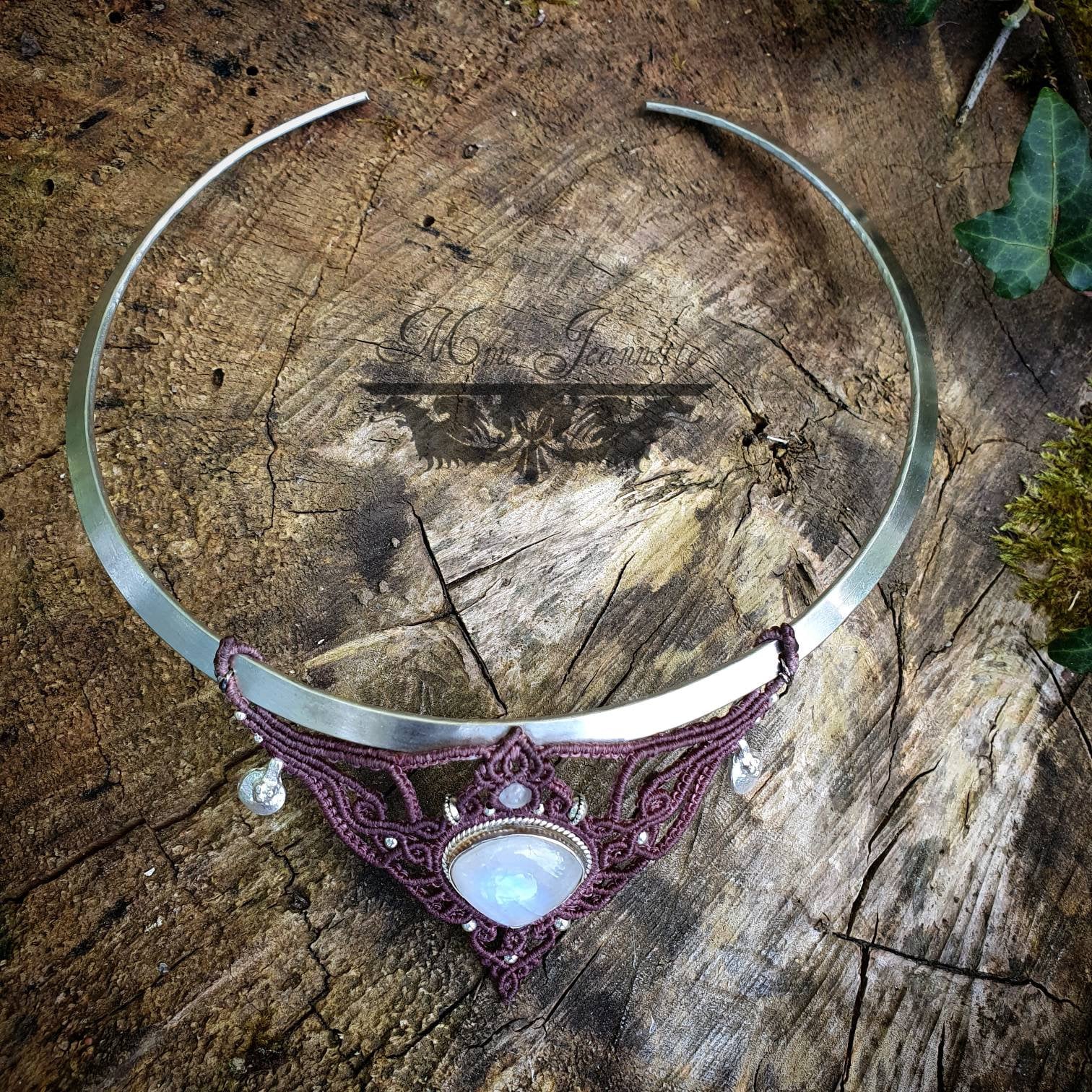 Colliers Torques Argenté, Plastron Micro-macramé avec Améthyste & Péristérite - Collier Féerique, psytrance, fusion, Bohème