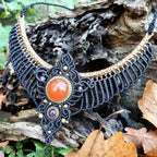 Collier plastron Cornaline & Améthyste - Micro-macramé noir - Bohème, ethnique