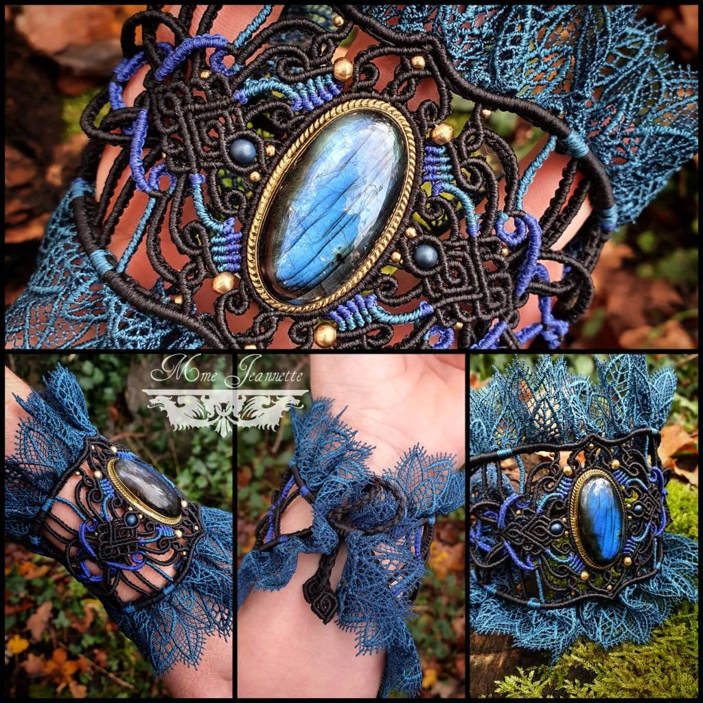 Bracelet Manchette Baroque - Micro-macramé & Labradorite bleue et Onyx Noir - Néo-gothique, steampunk, emo, romantique, baroque