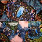 Bracelet Manchette Baroque - Micro-macramé & Labradorite bleue et Onyx Noir - Néo-gothique, steampunk, emo, romantique, baroque