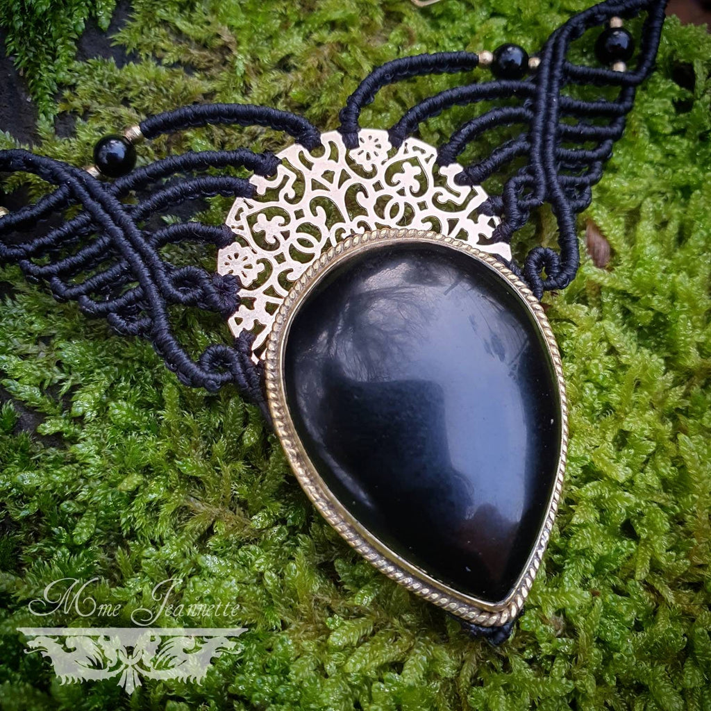 Parure Micro-macramé et Onyx Noir - collier et boucles d'oreilles Bohème