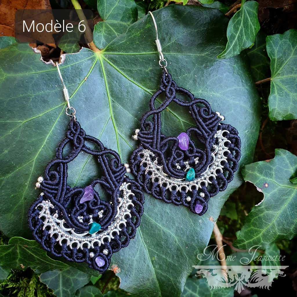 Boucles d'oreilles Micro-macramé noir - Lapis-lazuli, Améthyste, Jaspe Rouge, Chrysocolle - Boucles d'oreilles Bohème avec pierres