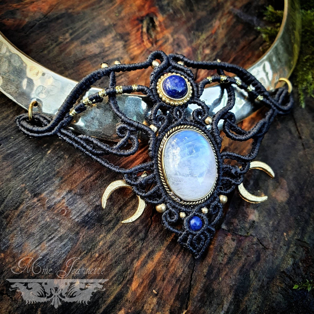 Collier Micro-macramé, Péristérite et Lapis-lazuli - Bohème, ethnique Tribal, Égyptien