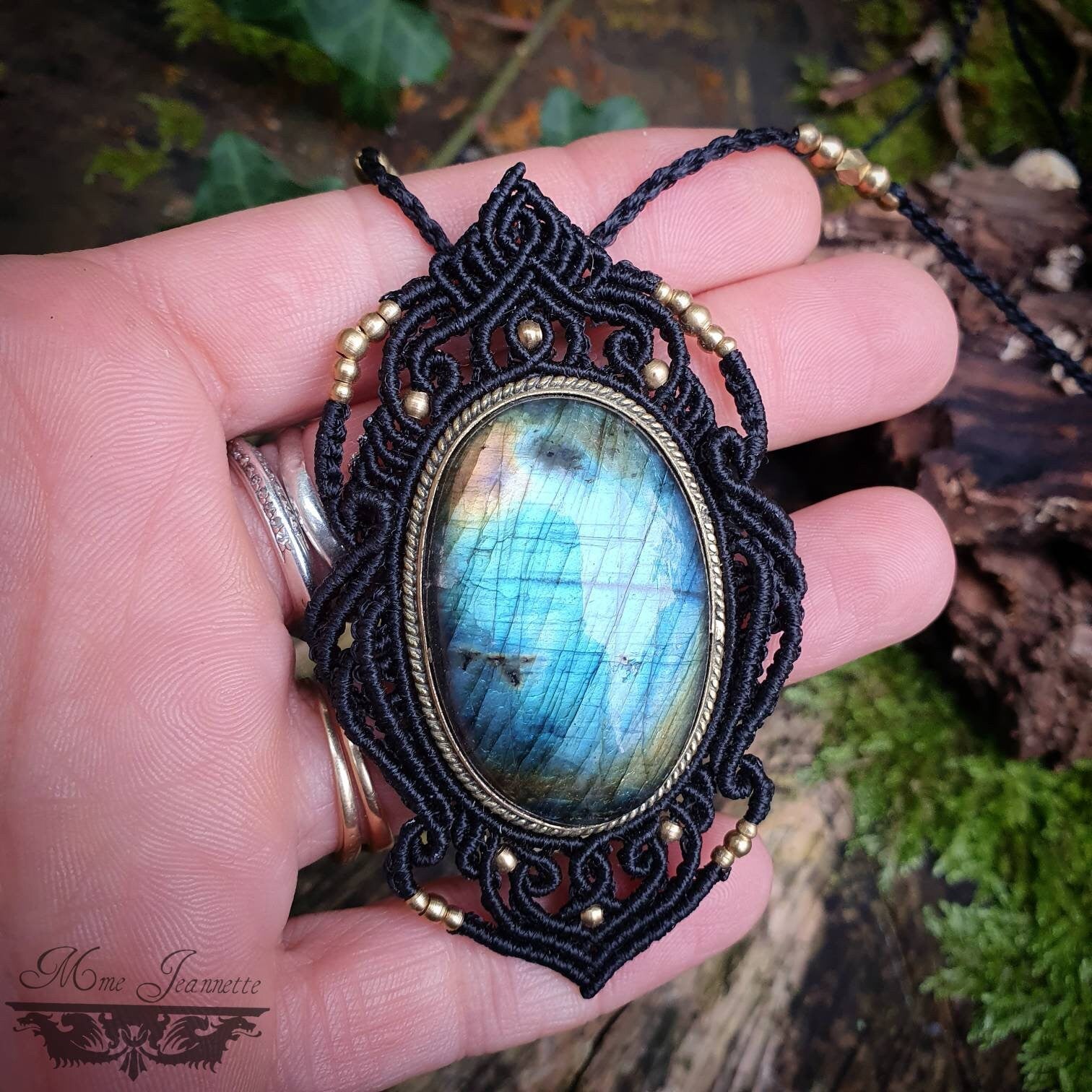 Pendentifs Labradorite et Micro-macramé noir - Bohème, boho chic, hippie, lithothérapie, tribal, wicca, pierre protectrice