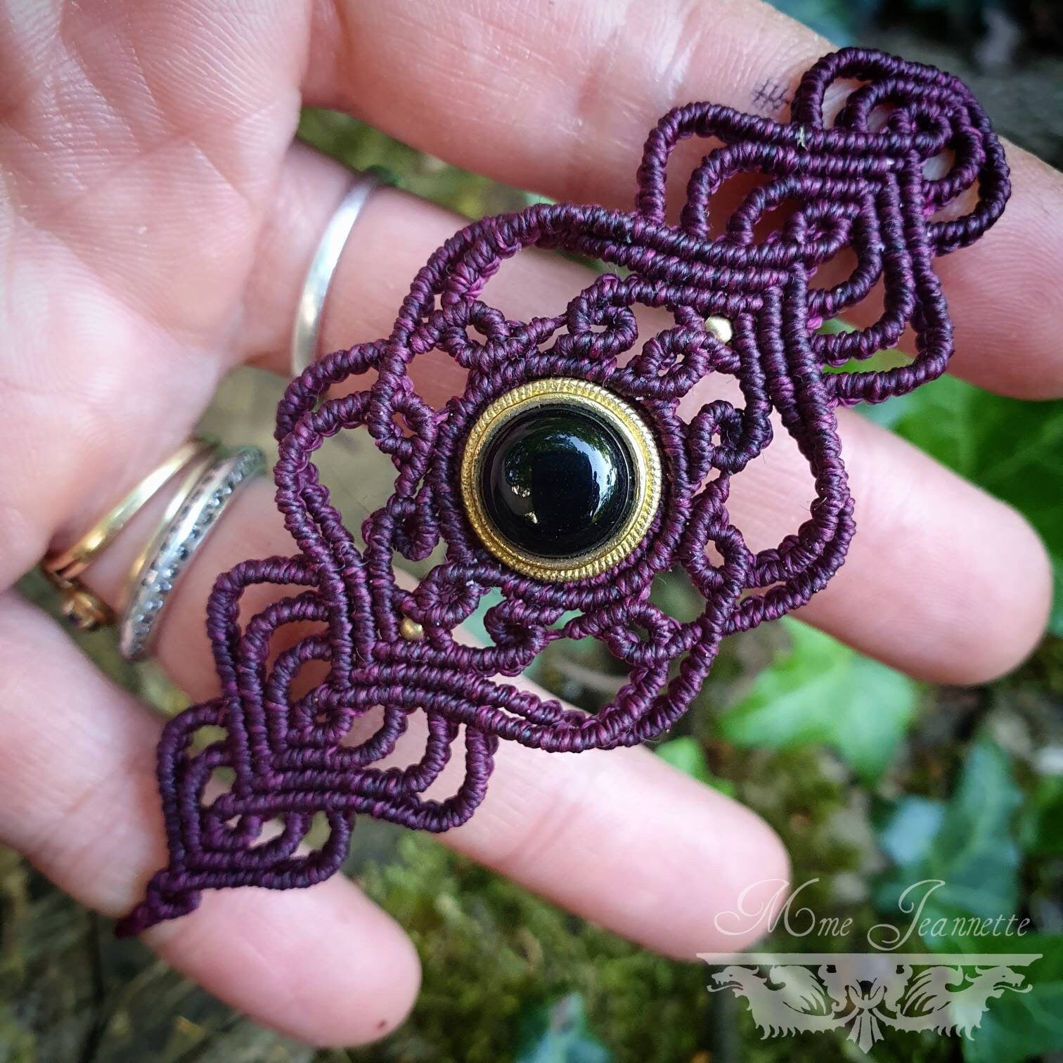 Bracelet et Boucles d'oreilles Onyx noir et Micro-macramé - Couleur Cerise noire - Bijoux Bohème, baroque, e-girl