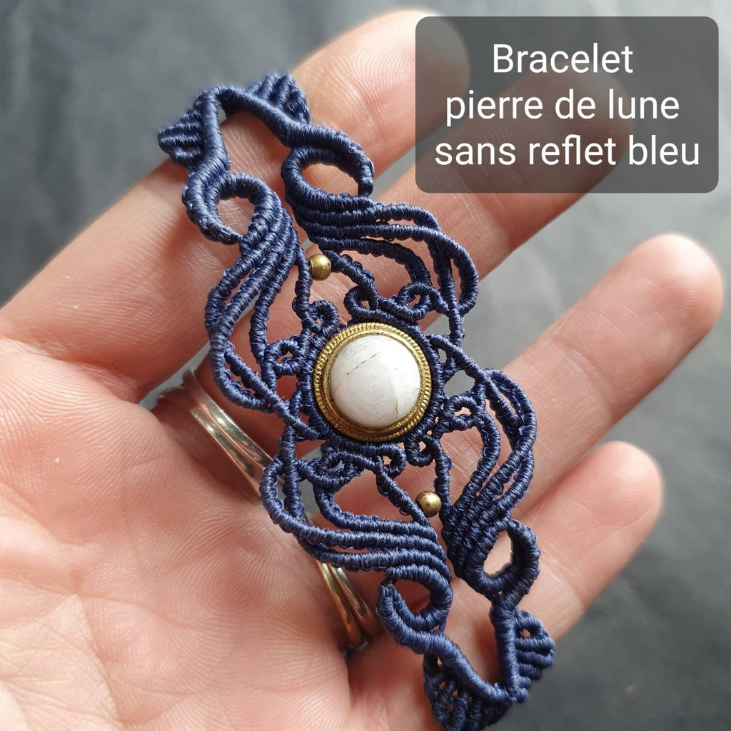 Bijoux Micro-Macramé bleu marine, Pierre de Lune et Agate