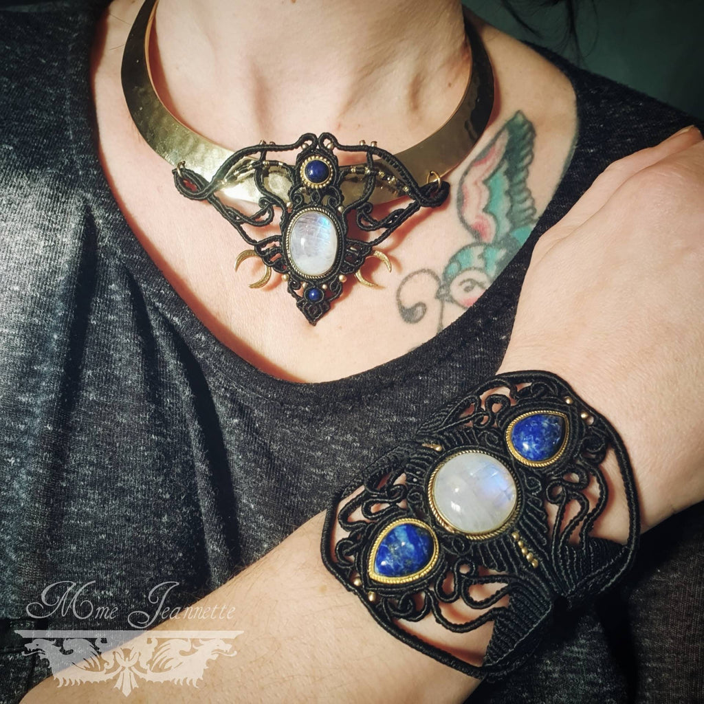 Collier Micro-macramé, Péristérite et Lapis-lazuli - Bohème, ethnique Tribal, Égyptien