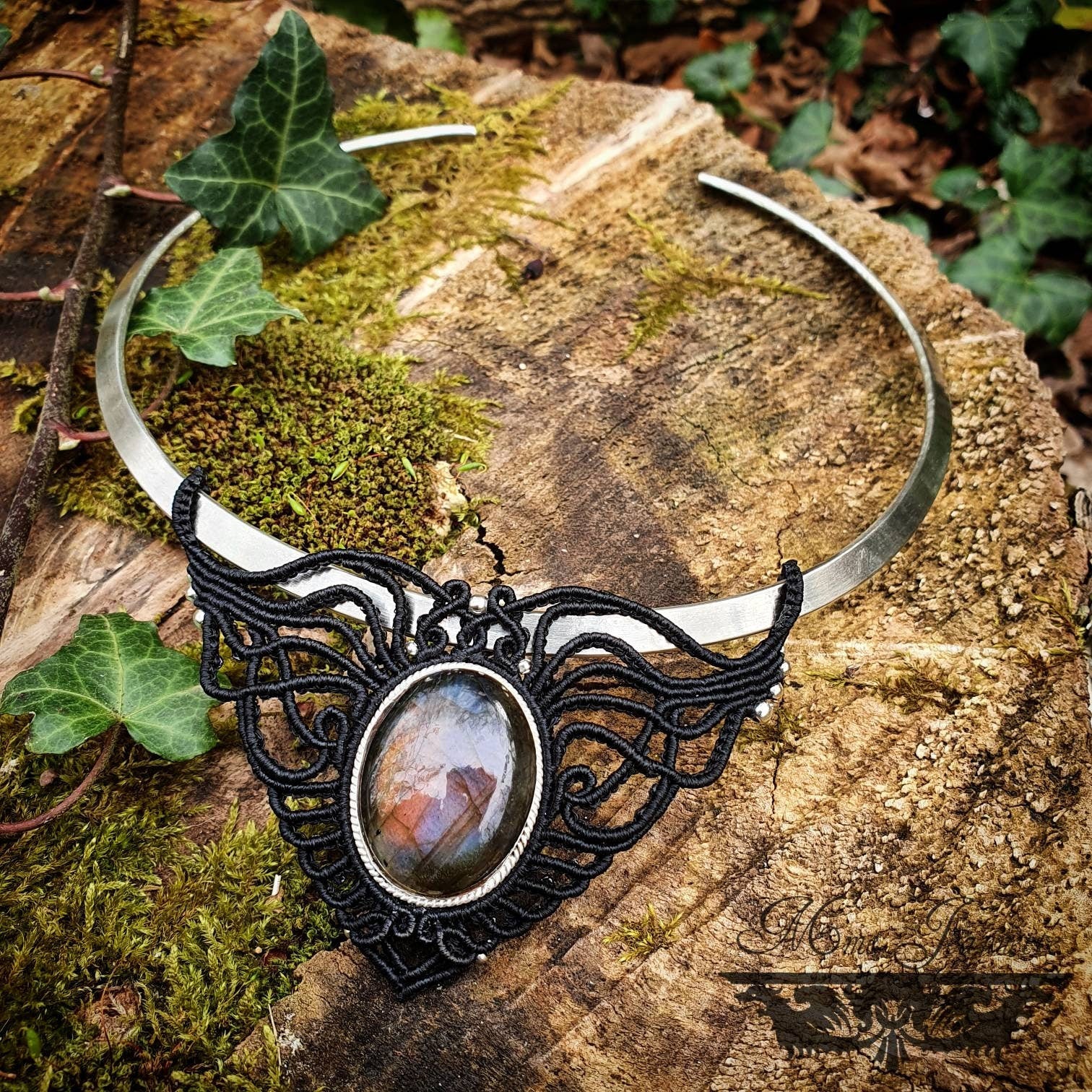 Collier plastron Labradorite et Torque Laiton Argenté- Collier Bohème, ethnique, Fusion, pagan style