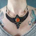 Collier plastron Cornaline & Améthyste - Micro-macramé noir - Bohème, ethnique