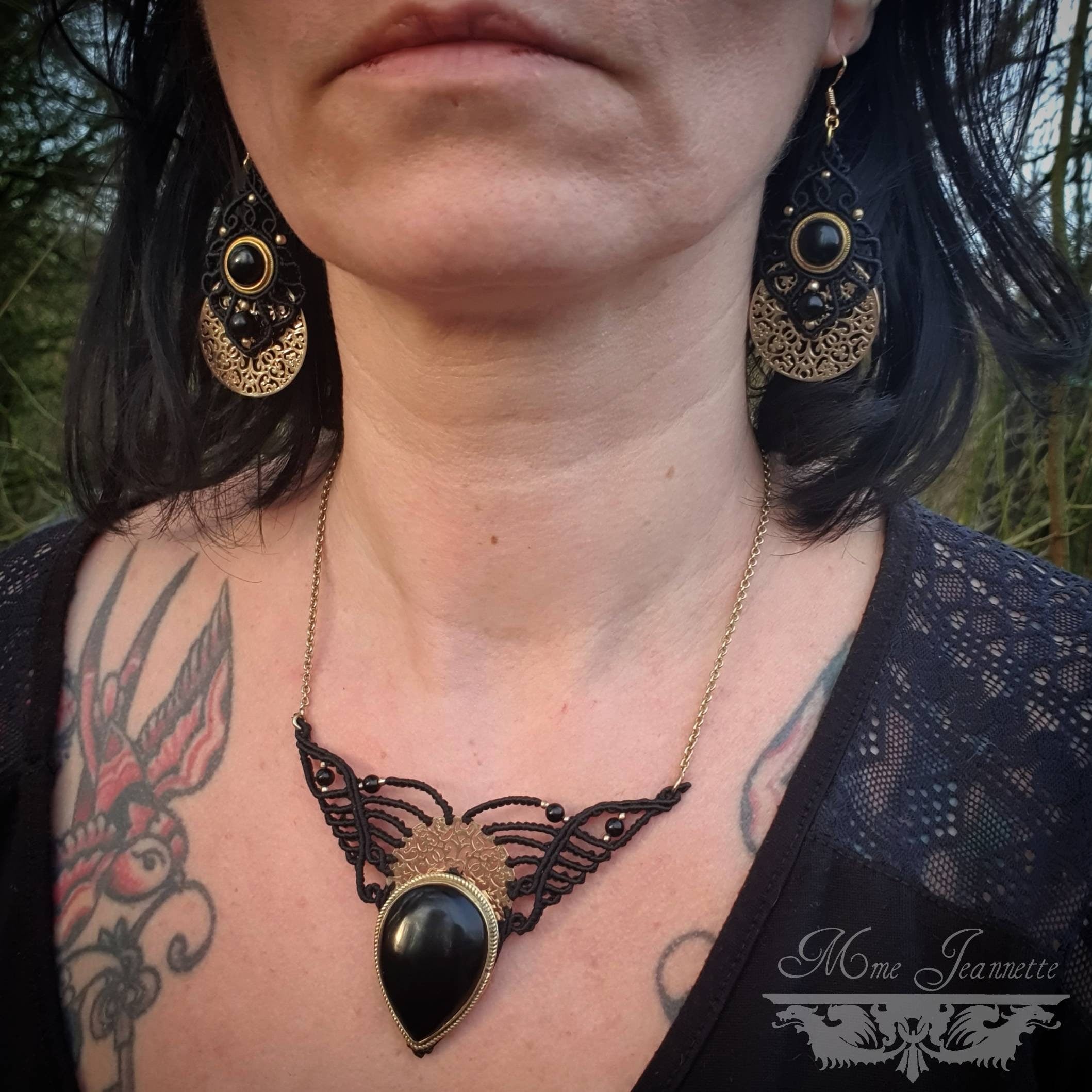 Parure Micro-macramé et Onyx Noir - collier et boucles d'oreilles Bohème