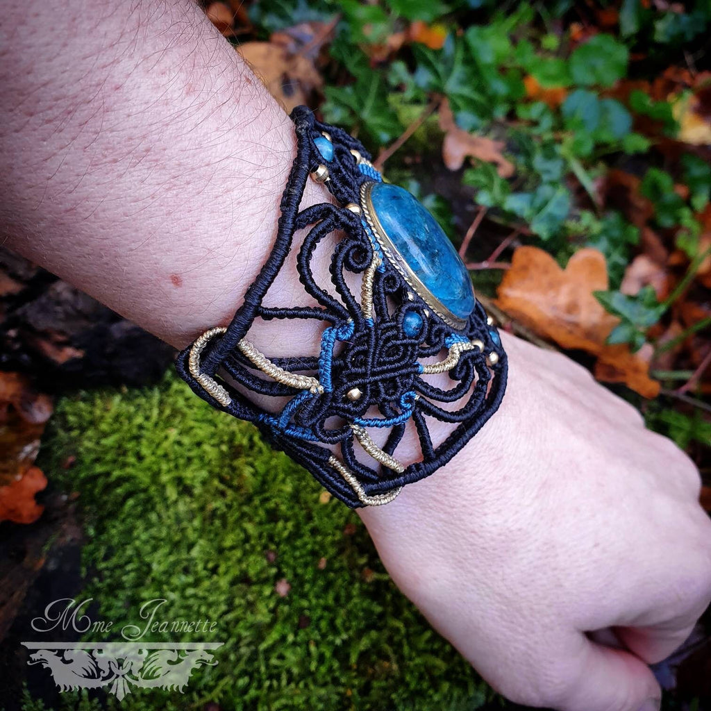 Bracelet Manchette Micro-macramé & Apatite - Bracelet Bohème