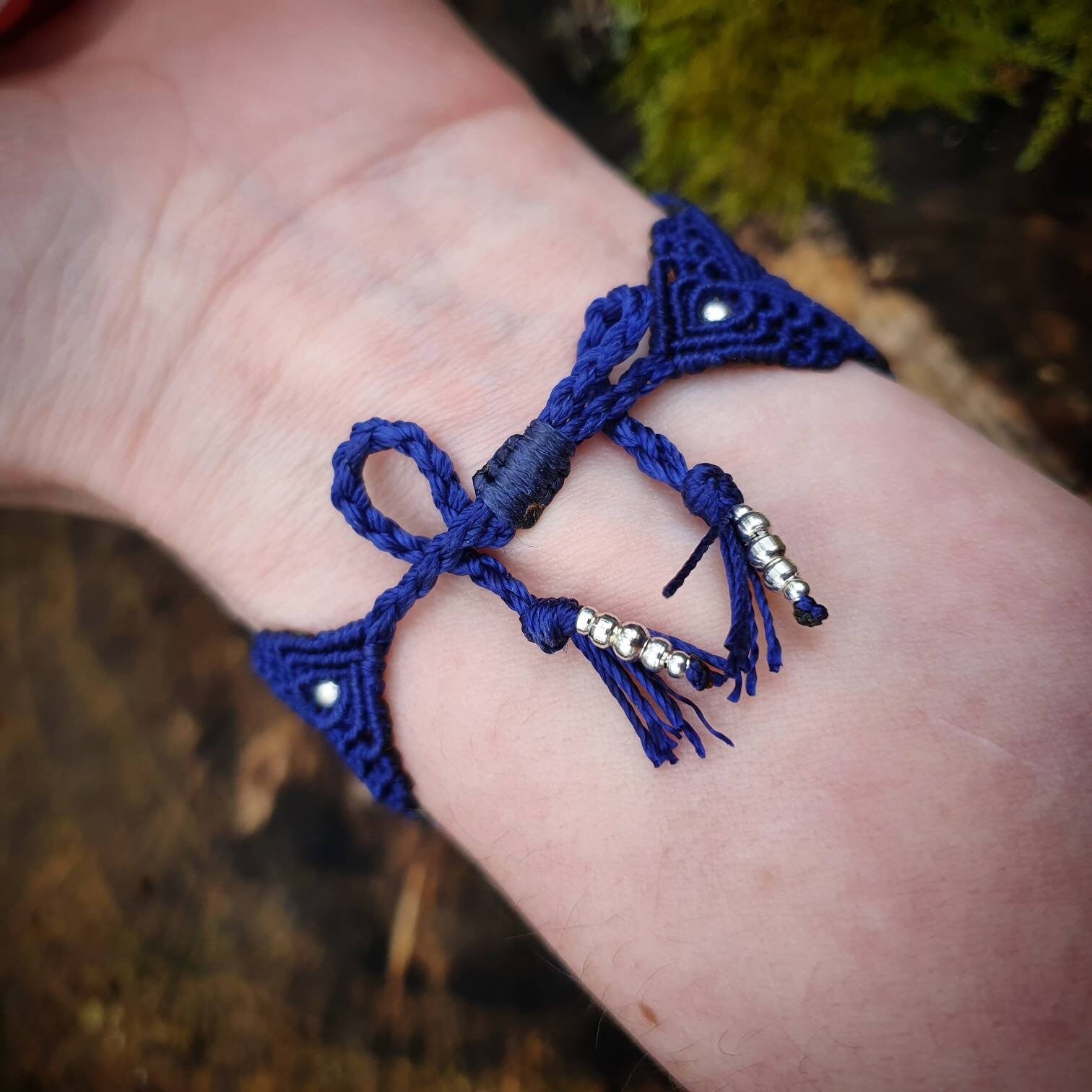 Bracelet Manchette Micro-macramé bleu & Péristérite (Pierre de Lune) - Bohème, boho chic, romantique, idée cadeau, lithothérapie