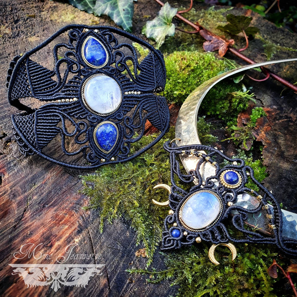 Collier Micro-macramé, Péristérite et Lapis-lazuli - Bohème, ethnique Tribal, Égyptien