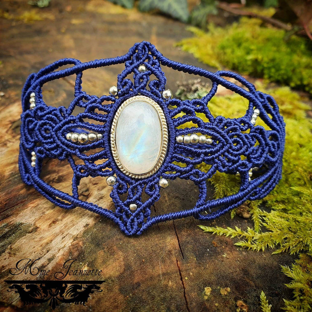 BRACELET BLEU MICRO MACRAME LABRADORITE BLANCHE PERISTERITE PIERRE DE LUNE
