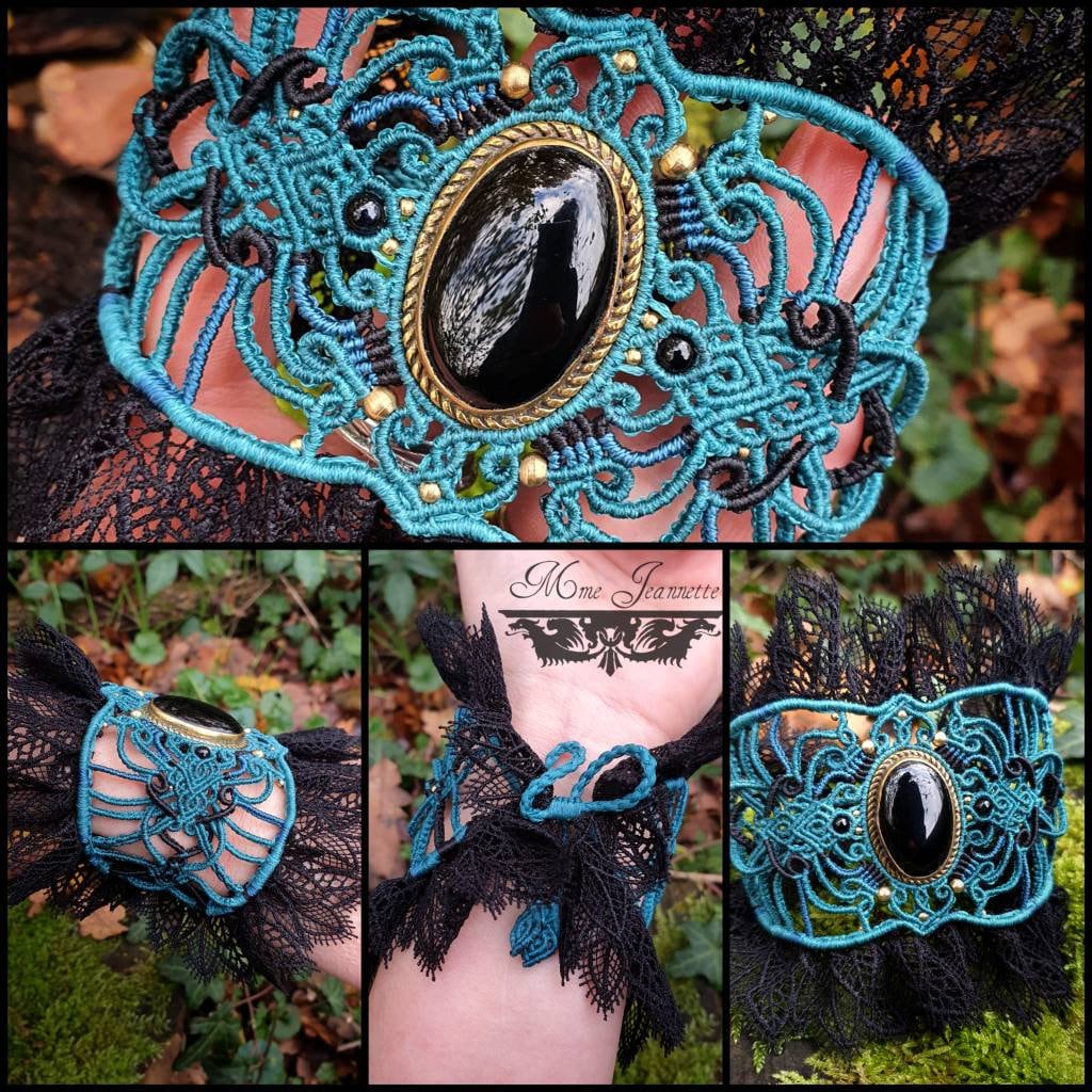 Bracelet Manchette Baroque - Micro-macramé & Labradorite bleue et Onyx Noir - Néo-gothique, steampunk, emo, romantique, baroque