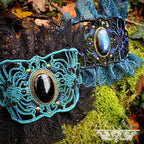Bracelet Manchette Baroque - Micro-macramé & Labradorite bleue et Onyx Noir - Néo-gothique, steampunk, emo, romantique, baroque