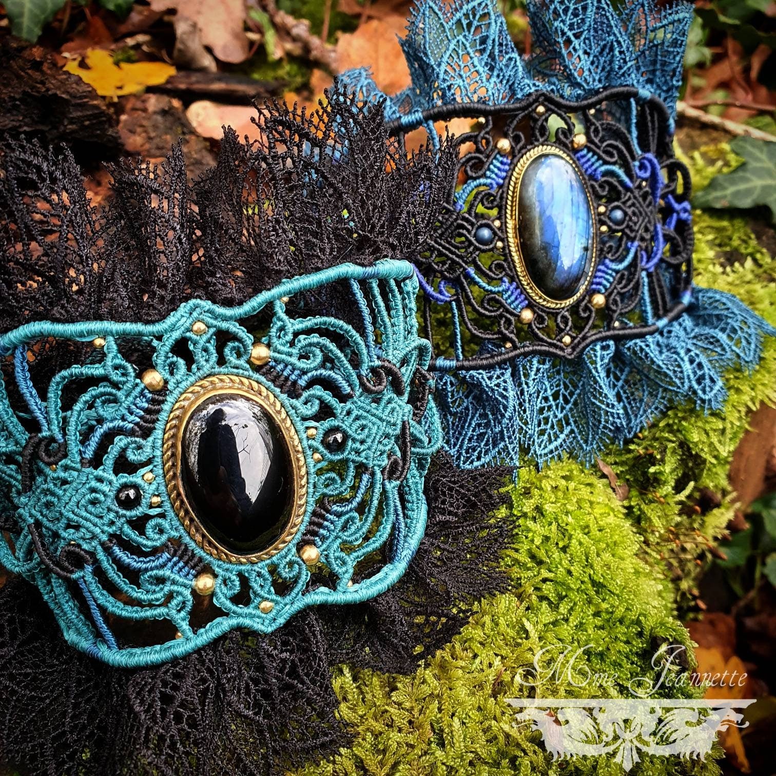 Bracelet Manchette Baroque - Micro-macramé & Labradorite bleue et Onyx Noir - Néo-gothique, steampunk, emo, romantique, baroque