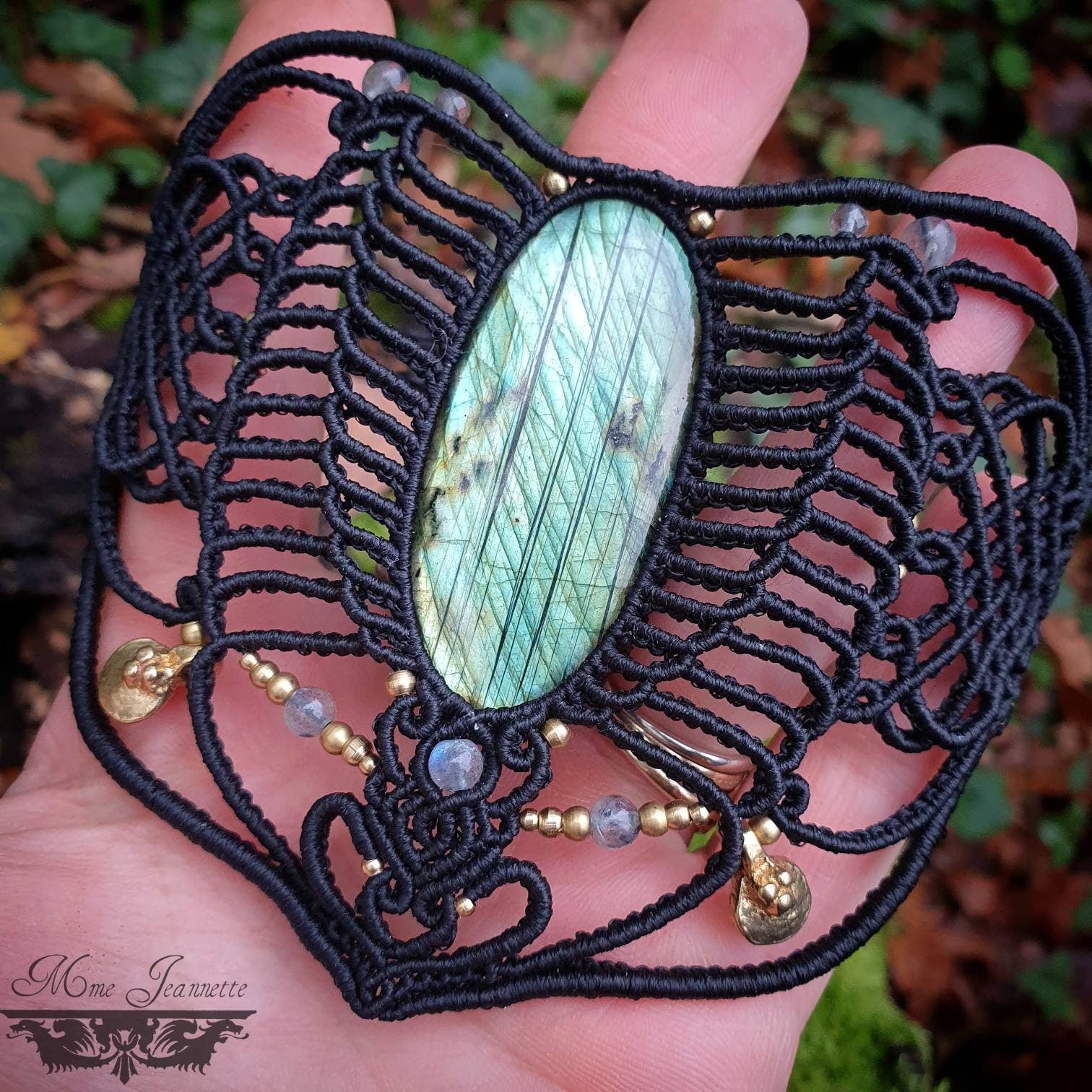 Superbe Bracelet Manchette Labradorite bleue - Micro-macramé Féerique, elfique, Bohème, boho chic, psytrance ,fusion