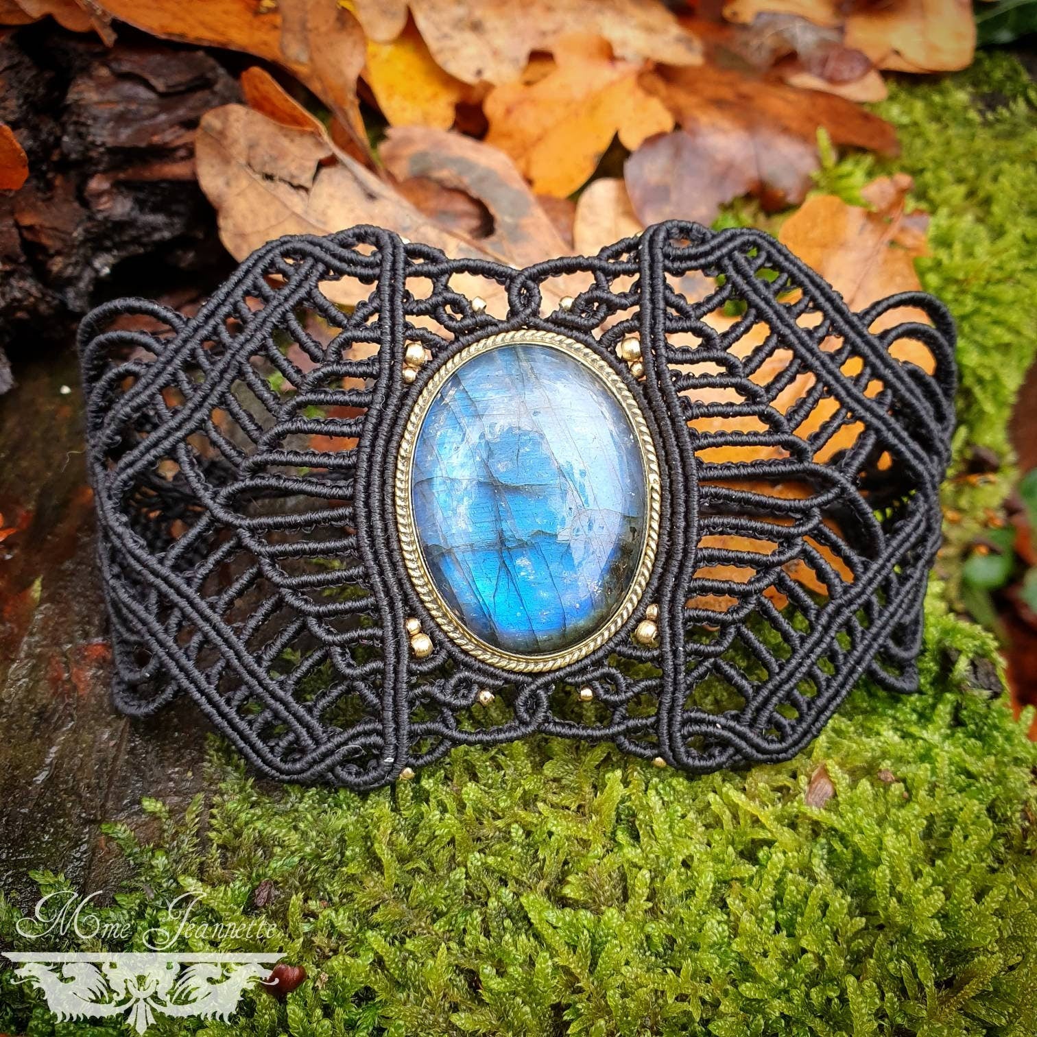 Bracelet Manchette Géométrique Labradorite bleue - Micro-macramé - Féerique, elfique, Bohème, boho chic, psytrance ,fusion