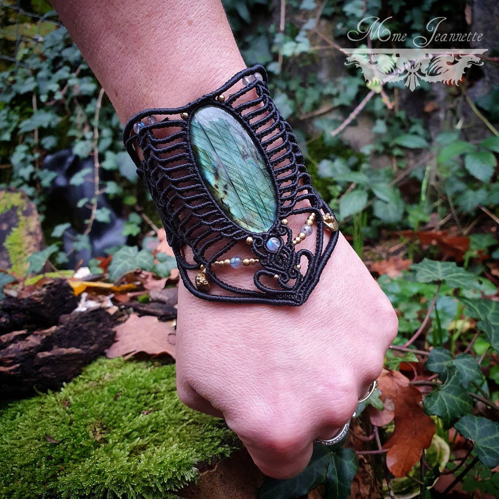 Superbe Bracelet Manchette Labradorite bleue - Micro-macramé Féerique, elfique, Bohème, boho chic, psytrance ,fusion