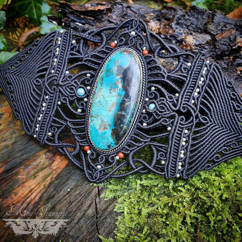Bracelet Manchette Chrysocolle & Micro-macramé - Bohème, boho chic, tribal, ethnique, elfique, féerique, neo tribal, psytrance