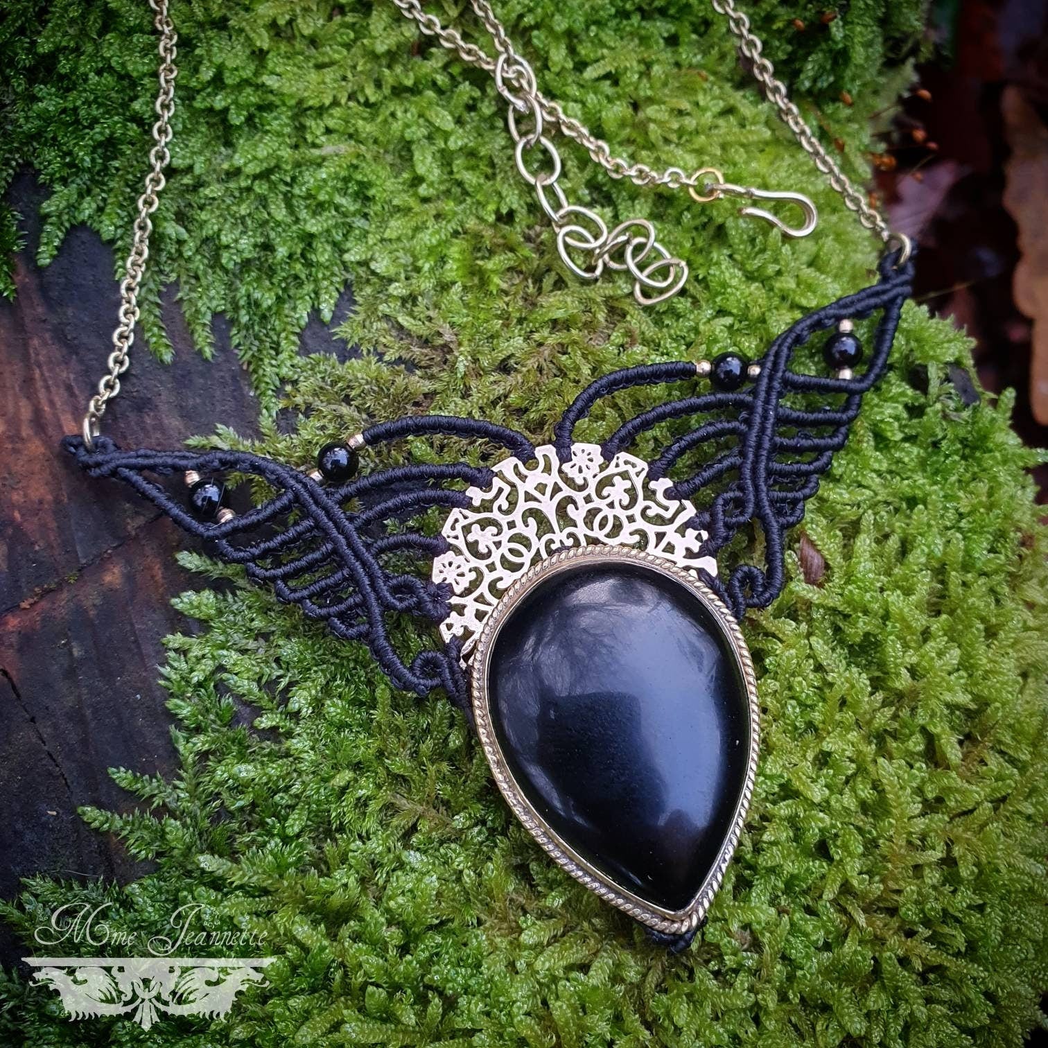 Parure Micro-macramé et Onyx Noir - collier et boucles d'oreilles Bohème