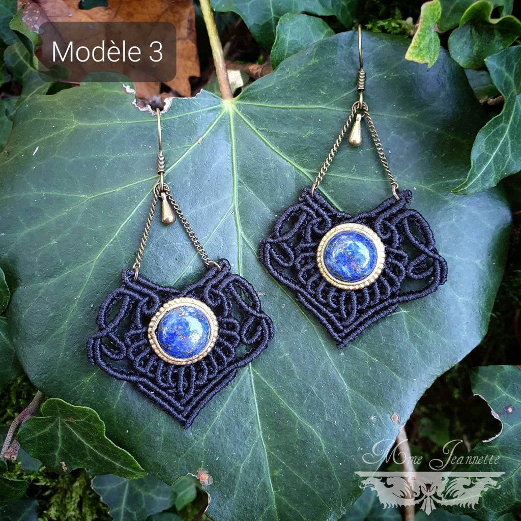 Boucles d'oreilles Micro-macramé noir - Lapis-lazuli, Améthyste, Jaspe Rouge, Chrysocolle - Boucles d'oreilles Bohème avec pierres