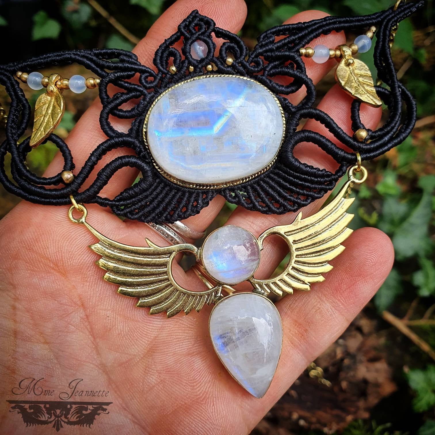 Collier Plastron Micro-macramé et Péristérite - Collier Bohème, collier ailes, déesse, tribal, ethnique