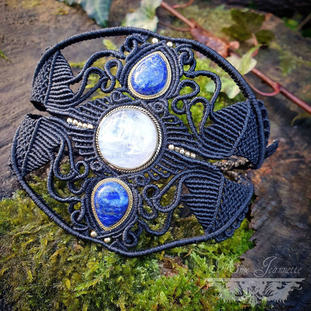 Collier Micro-macramé, Péristérite et Lapis-lazuli - Bohème, ethnique Tribal, Égyptien