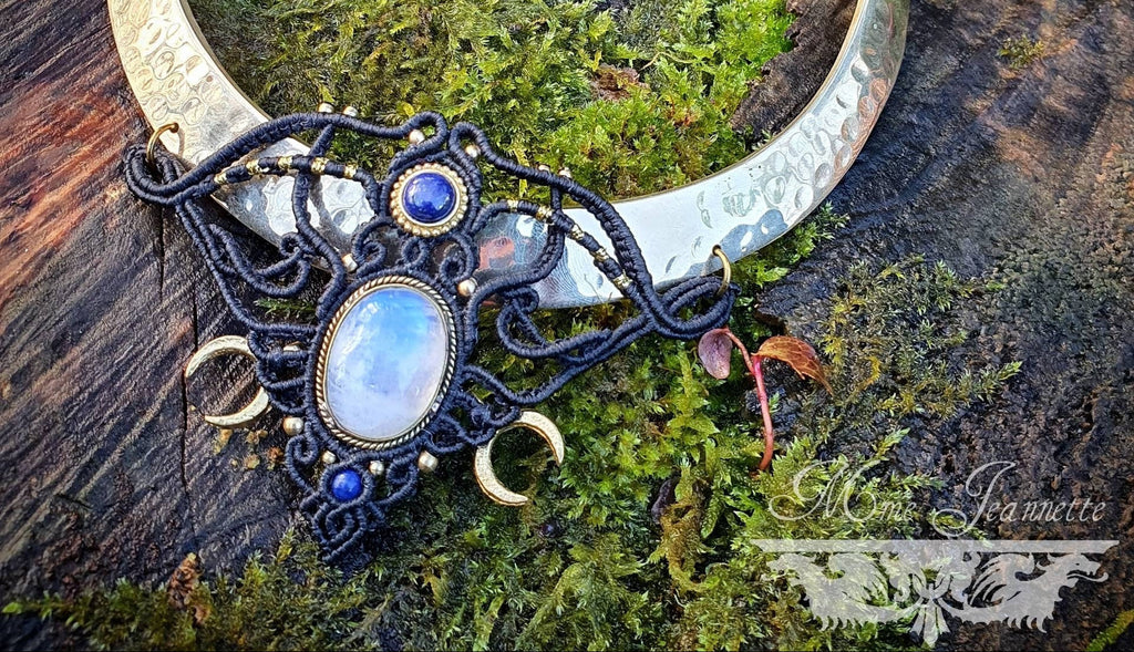 Collier Micro-macramé, Péristérite et Lapis-lazuli - Bohème, ethnique Tribal, Égyptien