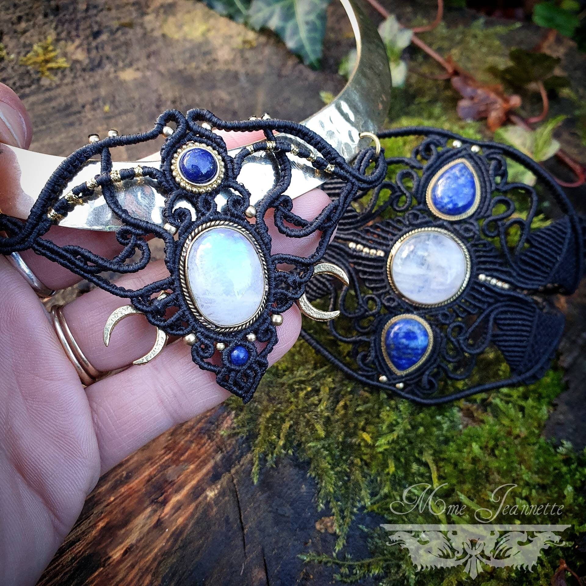 Collier Micro-macramé, Péristérite et Lapis-lazuli - Bohème, ethnique Tribal, Égyptien